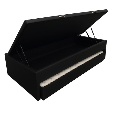 Bicama Box Baú Solteiro 88x188 com Cama Auxiliar de Molas Ensacadas 3x1 Corino Preto