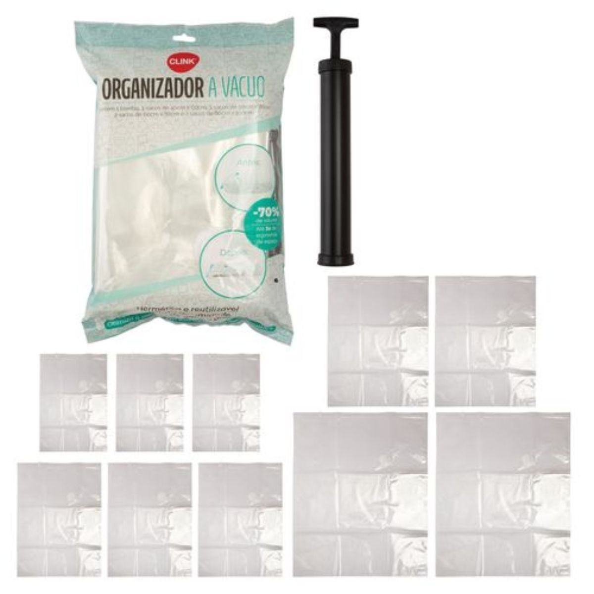 Kit 10 Saco a Vacuo 40x60, 50x70, 60x80 70x100 1 Bomba - 1