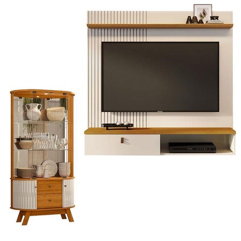 Estante Home Theater Suspenso Íris com Cristaleira Moss Cinamomo Off White – Madetec