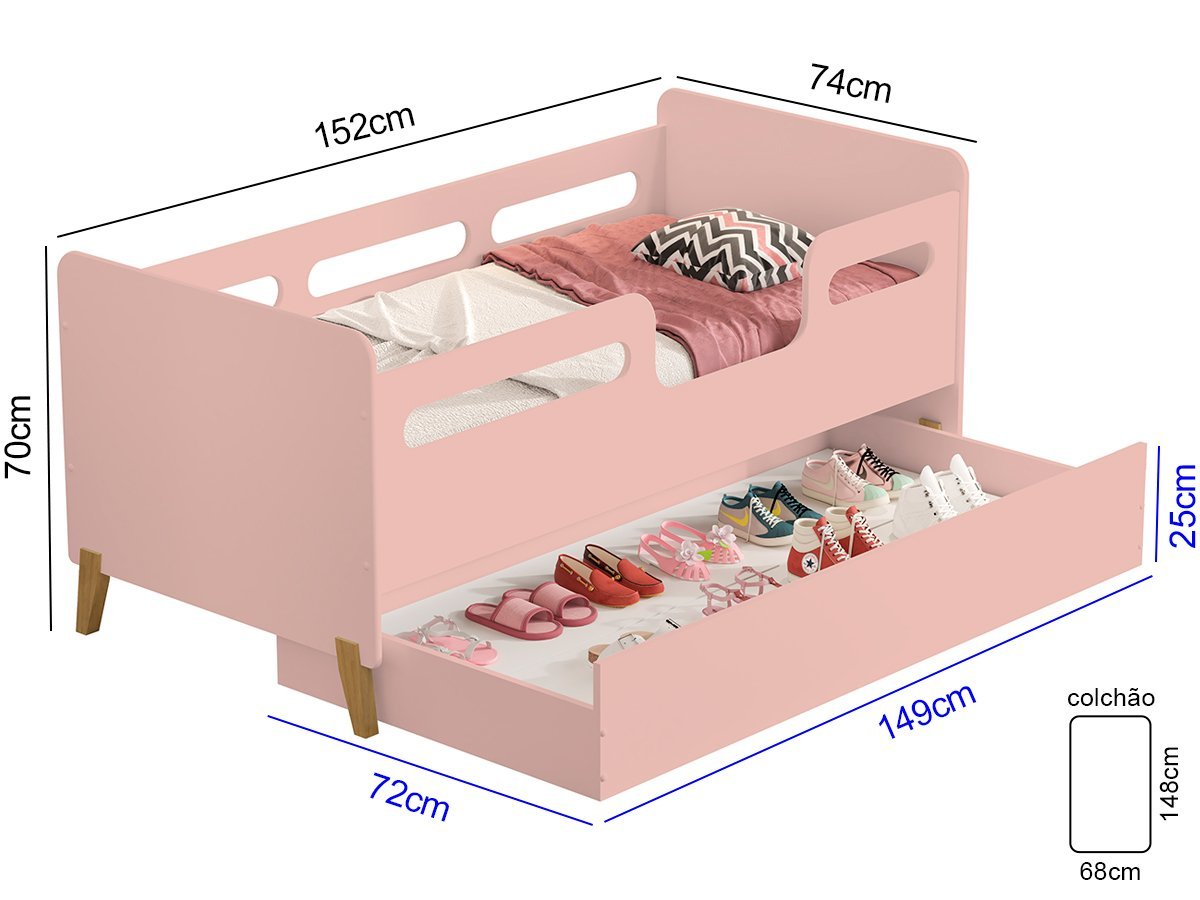 Cama Infantil Cecilia Rosa com Colchão e Sapateira - 3