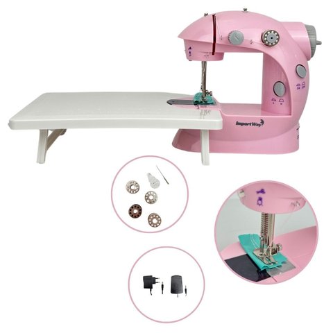 Mini Máquina de Costura Elétrica com Mesa Portátil 2 Velocidades Pedal Luz Bivolt Rosa Importway