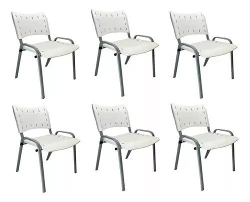 Kit Com 6 Cadeiras Iso Para Escola Escritório Comércio Branca Base Prata