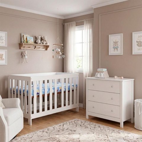 Conjunto Quarto Bebê Berço + Cômoda + Colchão Bbi-56 Dm-219 3 Gavetas MDP e MDF Branco Ditália