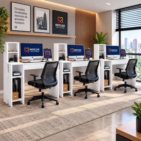 Kit 3 Mesas para Escritório Estação de Trabalho com Gaveta e Nicho Superior Smart