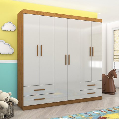 Guarda-Roupa 6 Portas 4 Gavetas Infantil Perola Off White/Cinamomo
