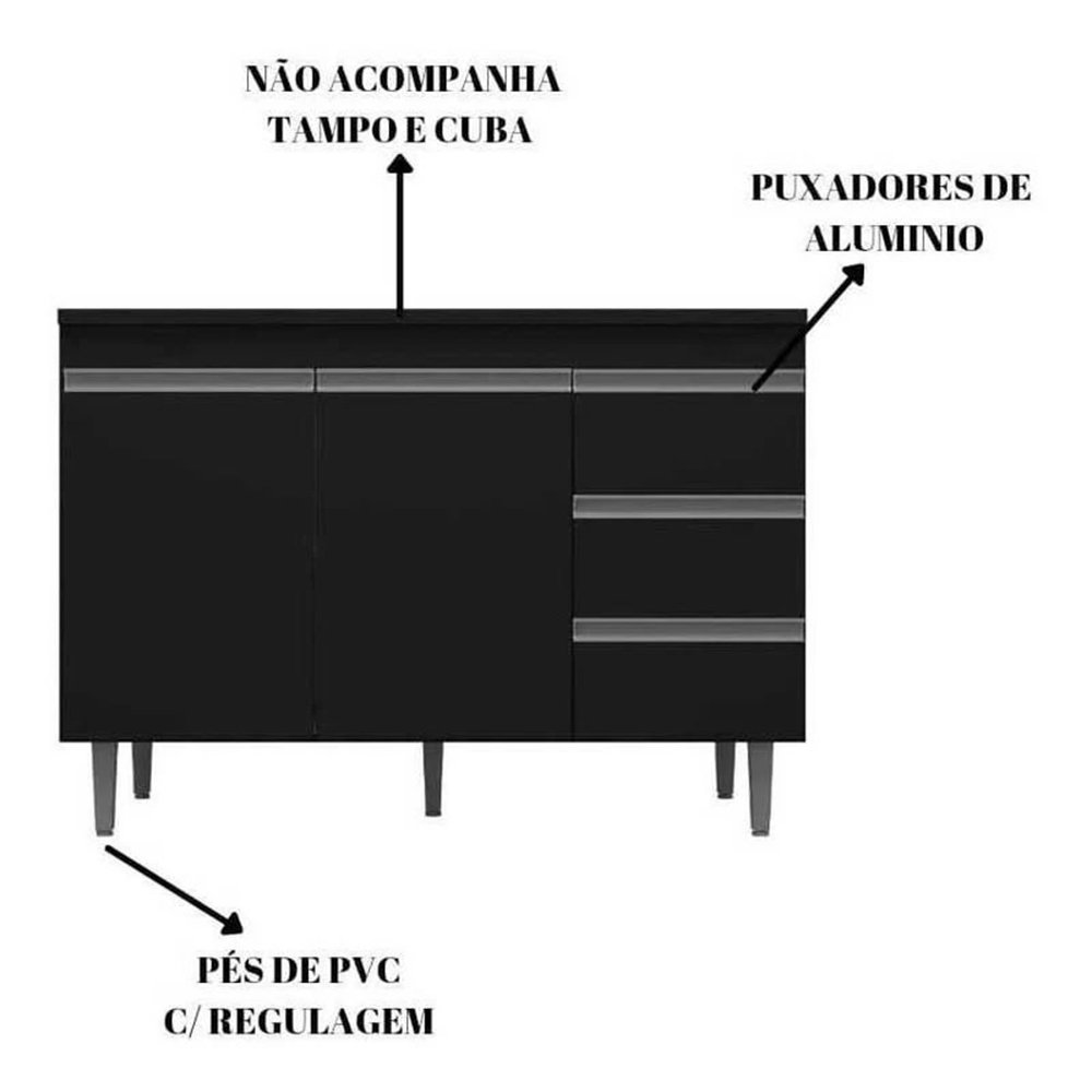 Balcão para pia de cozinha 100cm Andréia com 2 portas e 3 gaveta Preto Fosco AJL - 2