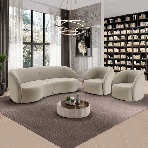 Conjunto Sofá Sala de Estar Bipartido 240cm e 2 Poltronas Clarke Veludo Bege G45 - Gran Belo