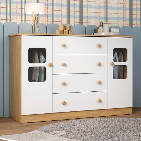Cômoda Infantil 125cm 2 Portas com Vidro e 4 Gavetas Brisa Multimóveis Mp4429 Madeirado/branco