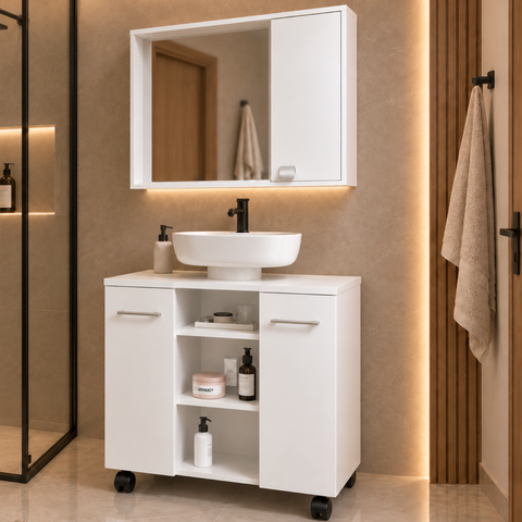 Kit Gabinete Premium com Rodízios e Espelheira para Banheiro Cannes:Gab. Branco + Esp. Branco