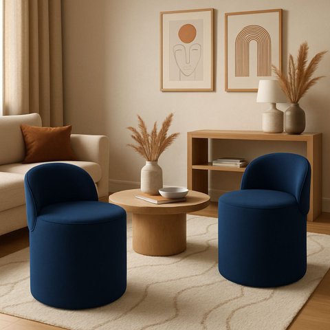 Kit 2 Puff Encosto Suede Redondo Sala Banco Orgânico Quarto:azul Marinho