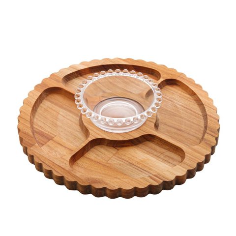 Petisqueira de Madeira Teca C/bowl de Cristal 28x6cm