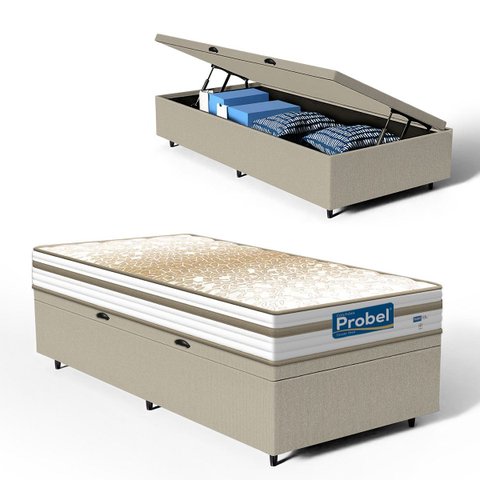Cama Box Baú com Colchão de Molas Ensacadas Double Face Pillow Euro Alfa Probel Solteiro 88cm
