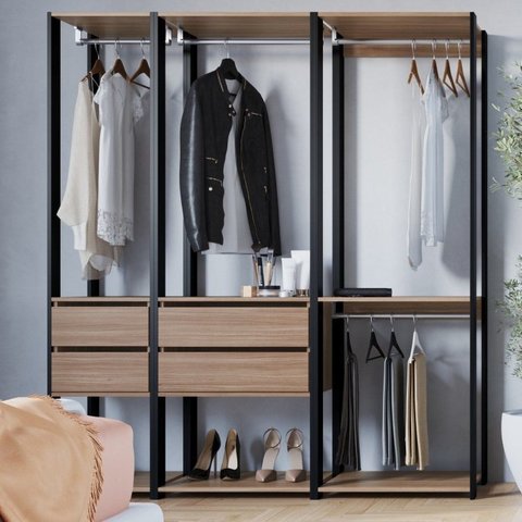 Guarda Roupa Closet 3 Peças com 3 Cabideiros 4 Gavetas e 2 Nichos Easy Bege/Preto/Montana
