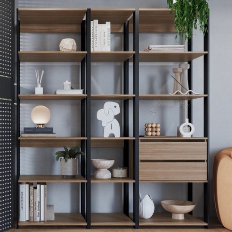 Estante para Livros Modular 3 Peças com 2 Gavetas e 14 Nichos Easy 183CMX160CM Bege