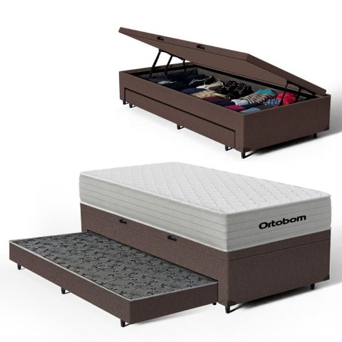 Cama Box Baú com Colchão de Molas Ensacadas Ortobom One Face Plenno Superpocket + Auxiliar de