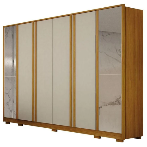 Guarda Roupa Casal com Espelho 100% MDF 6 Portas 6 Gavetas com Pés 277cm Ares Cinamomo/Off White - Leifer