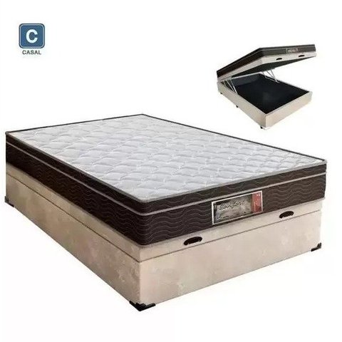 Cama Box Baú Casal Conforto Suede Bege + Colchão Casal Conforto Espuma D33 Com EPS 20x138x188