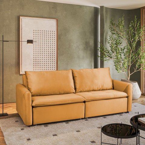 Sofá Cama Retrátil e Reclinável 4 Lugares 225cm em Veludo com Molas Greta Yescasa Amarelo