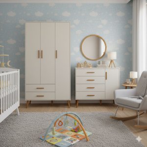 Kit Comoda Sapateira e Guarda Roupa Isis Pés Retrô 3 Portas 2 Gavetas Infantil Areia Fosco - Reller