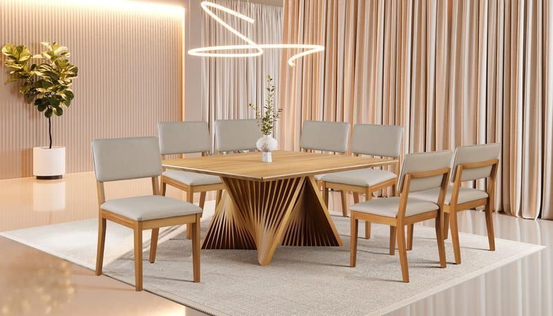 Sala de Jantar Madeira Maciça 8Cad 1,6x1,6m cinamomo Azaleia Harmonia