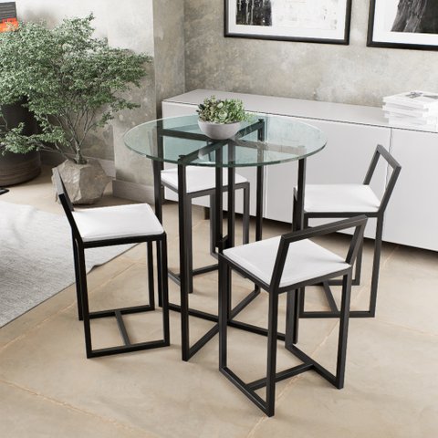 Conjunto Mesa 4 Cadeiras Estofado Tampo Vidro Redondo Industrial Black