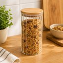 Ver imagem 2 de Kit 2 Potes Hermético Redondo Vidro Borossilicato Listras Clear Tampa de Bambu 750ml - Wellmix