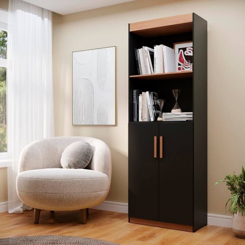 Multiuso Armário Flex com 2 Portas e Prateleiras Montagem Vertical ou Horizontal - Preto com Nature