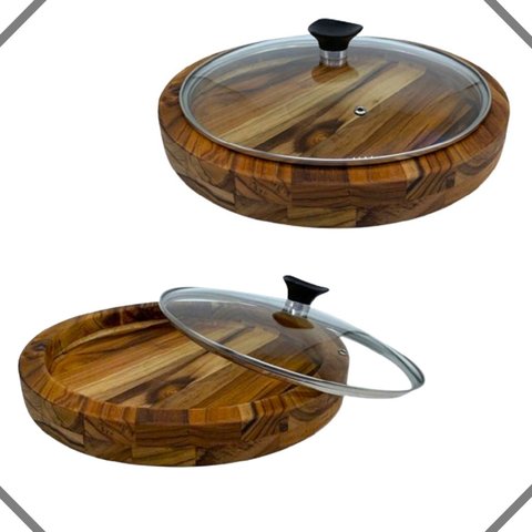 Kit 2 Gamela de Madeira Churrasco Redonda com Tampa de Vidro