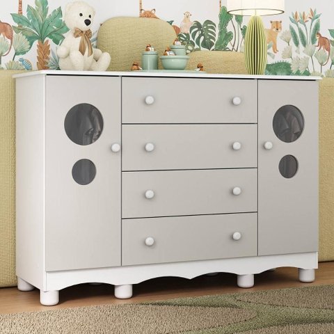 Cômoda Infantil 125cm 2 Portas com Vidro e 4 Gavetas Suspiro Multimóveis Mp4460 Branco-off White