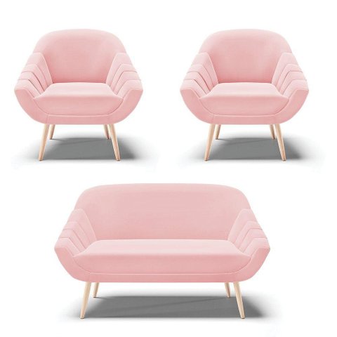 Kit 01 Namoradeira E 02 Poltronas Suede Natural Rosa Bebê