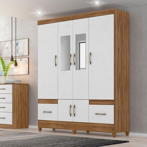 Guarda Roupa Casal com Espelho Ms912 4 Portas 2 Gavetas Moval - Naturale - Branco Naturale - Branco