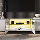 Ver imagem 4 de Rack Bancada Orgânico para TV até 75" Portas Vidro Luz LED Pé Ferro Off White com Pistache