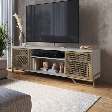 Rack para TV até 65 Polegadas 183cm Industrial em e Portas Teladas P1027 Cinza Arena/Dourado