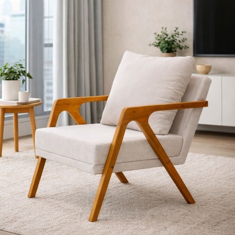 Poltrona Mona Pés de Madeira Linho Sala Escritorio Decoração:cru