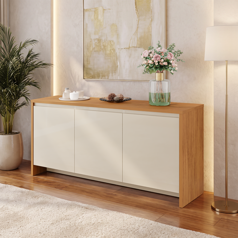Balcão Buffet 3 Portas 1 Gaveta 160cm Madrid Bege/Cedro/Off White