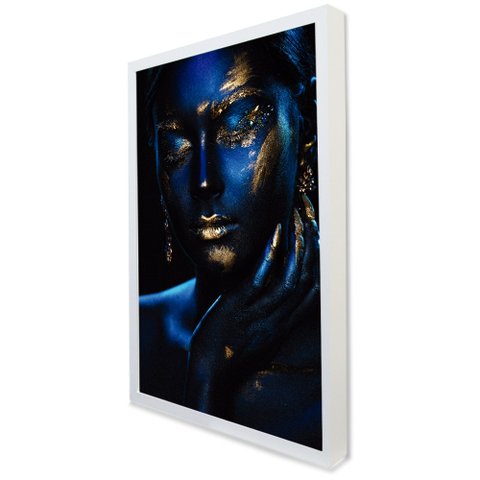 Quadro Decorativo Caixa Mulher Azul Tacolado Moldura Caixa Alta 4,5cm Branca sem Vidro 80 X 120cm