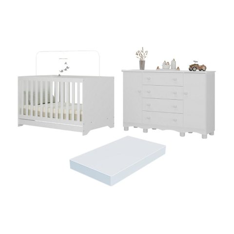 Berço Americano 3 em 1 com Colchão Incluso e Cômoda 2 Portas 4 Gavetas Dengo Multimóveis Mp4706