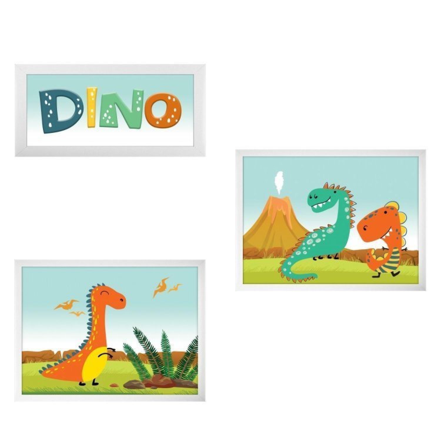 kit 5 Quadros Infantil Desenhos Coloridos de Dinossauros