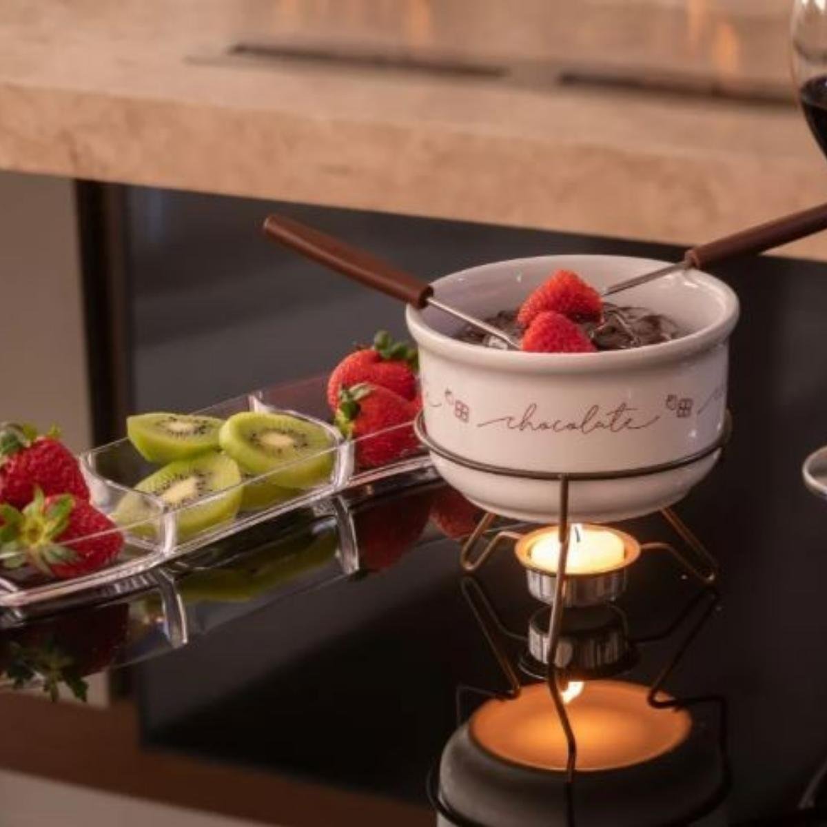 Conjunto De Fondue Em Porcelana Chocolate E Queijo 10 Peças