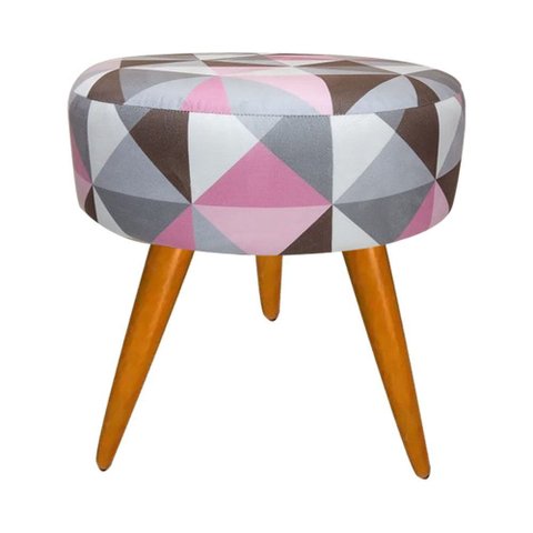 Puff Redondo Suede Estampado Triângulo Rosa