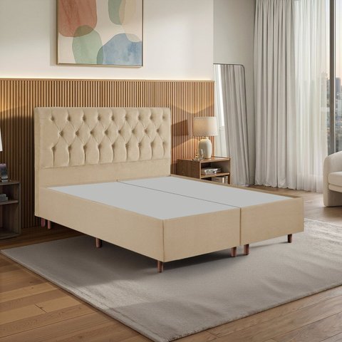 Kit Cama Box Queen e Cabeceira em Madeira Maciça Estofada Espresso Móveis Bege