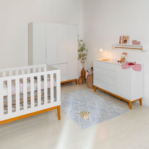 Kit Quarto Infantil com Pés Square Mel - Cômoda Elfe 4 Gavetas e 1 Porta + Guarda-Roupa Elfe + Berço