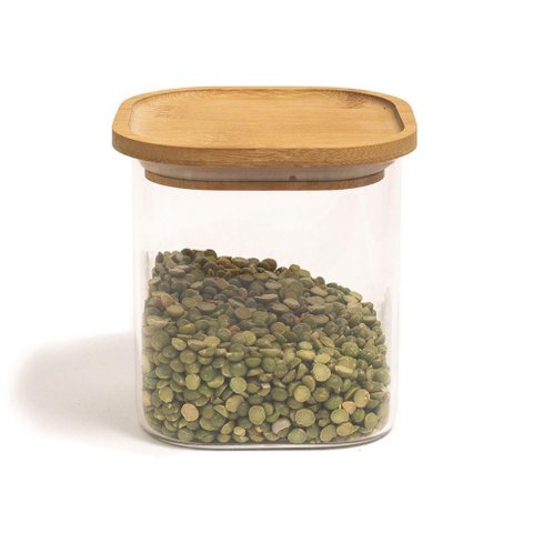 Pote de Vidro com Tampa de Bambu Oikos 800ml Hermético Quadrado Empilhável