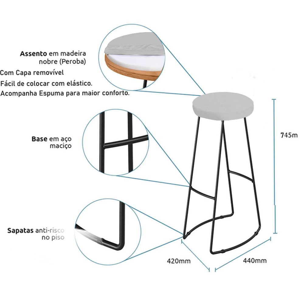 Kit 10 Banqueta Alta Lena Industrial Bar Balcão Bistrô Ferro e Madeira Maçiça Capa Corino Branco - A - 3