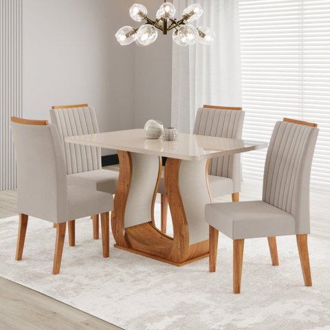 Conjunto Mesa de Jantar MDF/Vidro 4 Cadeiras Inspirare Yescasa Bege/Mel