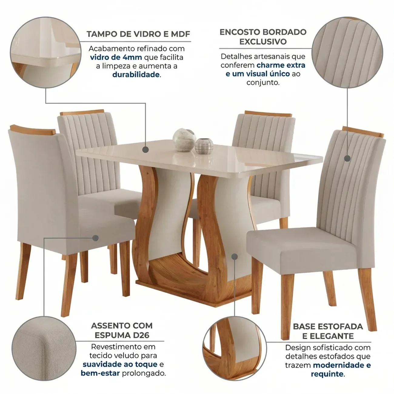 Ver imagem 4 de Conjunto Mesa de Jantar MDF/Vidro 4 Cadeiras Inspirare Yescasa Bege/Mel