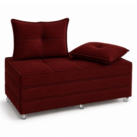 Puff Cama Dobravel 130cm Casal com Rodízios e Almofadas Cor: Suede Bordô