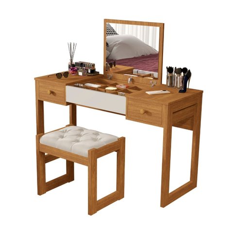 Escrivaninha Penteadeira com Espelho e Banqueta Luanda Fenix:nature/off White