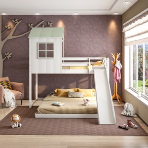 Beliche Solteiro Queen Montessoriano Cabana Family com Escorregador Casatema