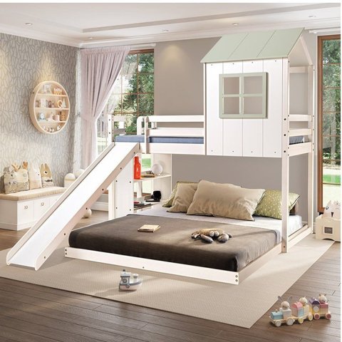 Beliche Solteiro Queen Montessoriano Cabana com Escorregador e Estante Casatema MadeiraOriginals Branco/Verde